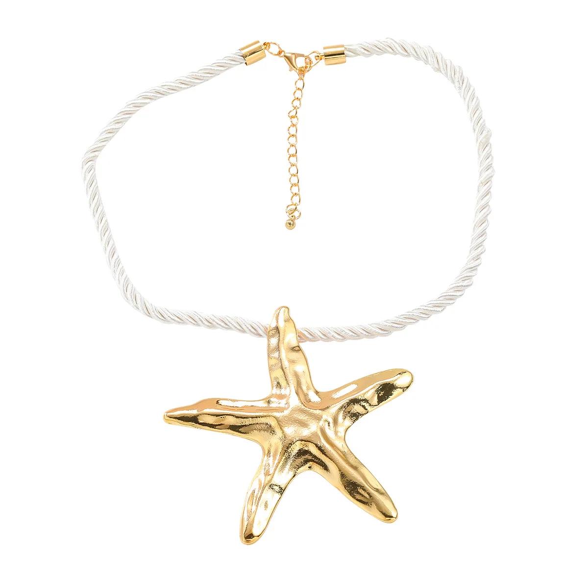 

Personality Exaggeration Big Starfish Pendant Necklace for Women Charm Woven Rope Choker Summer Beach Party Zircon Accessory золотий