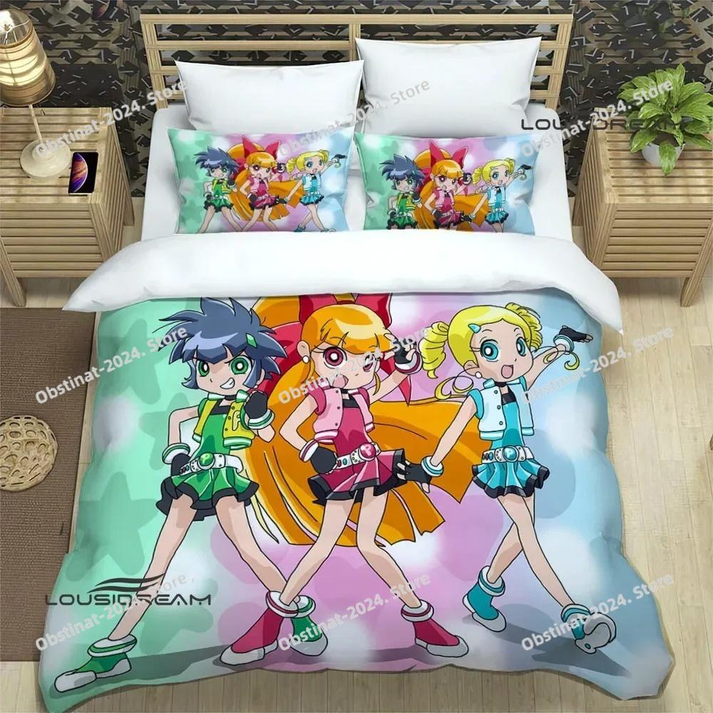 3D P-Powerpuff-Girls Cartoon Bedding Set Printed Bed Set Duvet Cover Sheet Pillowcase Bed Soft Quilt Cover Full Queen King Size