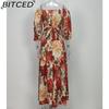 BITCED Summer Women's Outerwear: Fashionable and Elegant Printed Tie-Front V-Neck Full-Skirted Dress