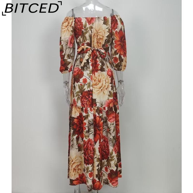 BITCED Summer Women's Outerwear: Fashionable and Elegant Printed Tie-Front V-Neck Full-Skirted Dress