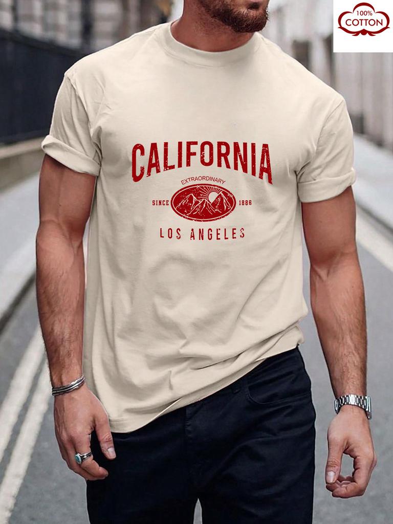 Summer Mens 100 Cotton California Pattern TShirt Retro Bear Star Print Short Sleeve Urban Fashion Street Trend Enthusiast