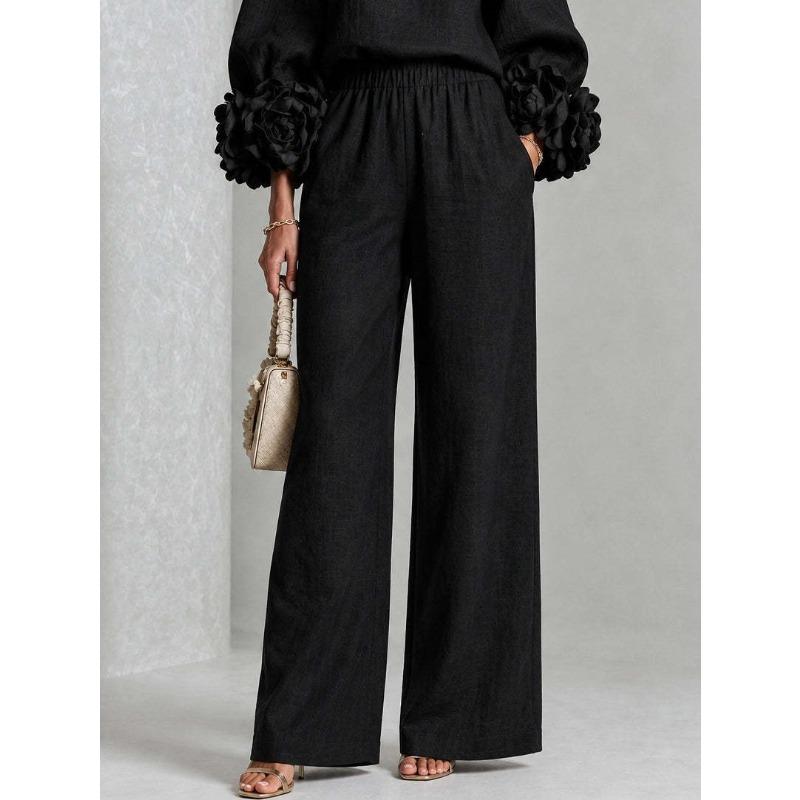 Women's new solid color round neck long-sleeved floral wide-leg pants loose casual suit two-piece set