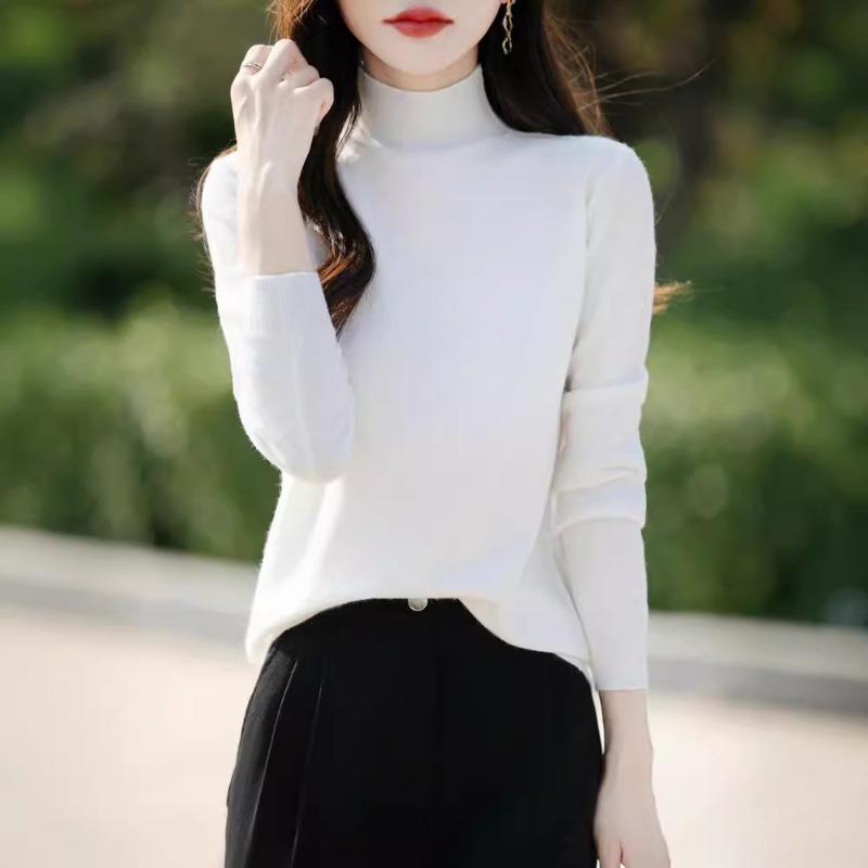 Autumn and winter new semi-turtleneck rhombus women's long-sleeved knitted sweater loose and thin pullover sweater with base
