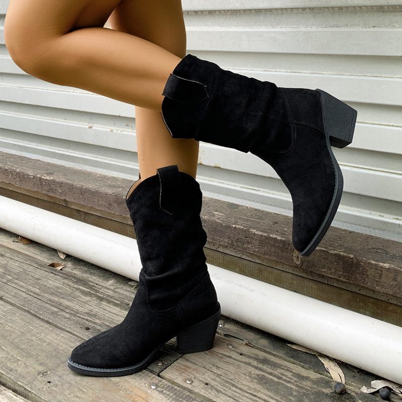 New Luxury Retro Brown Western Cowboy Long Boots Women's Fashion Mid-Calf Pointed Toe Boots Spring Autumn Winter Rubber Shoes