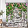 Green Vines Brick Wall Shower Curtain Pink Flowers European Garden Arch Door Bathroom Decorations Vintage Bath Curtain with Hook