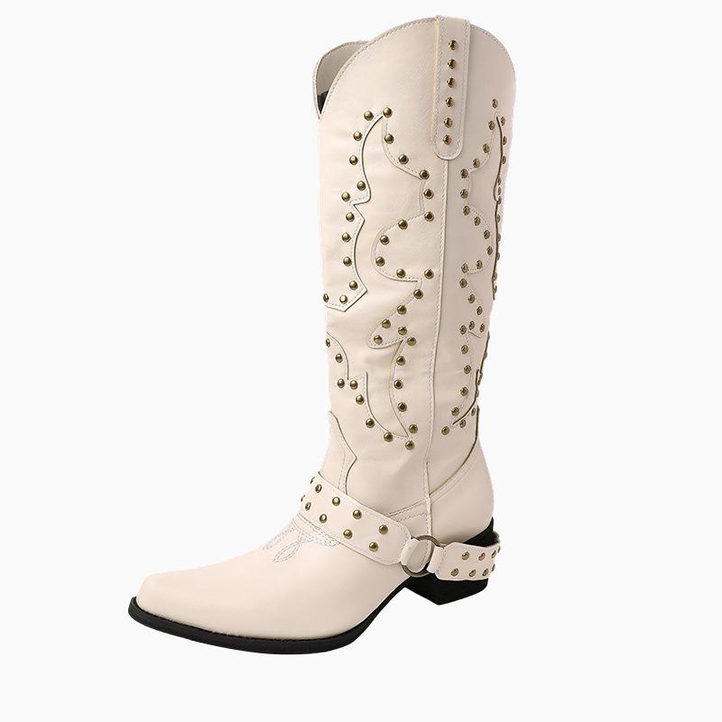 Retro niche belt buckle rivet western cowboy boots women's 2025 summer new pointed thick heel versatile locomotive boots