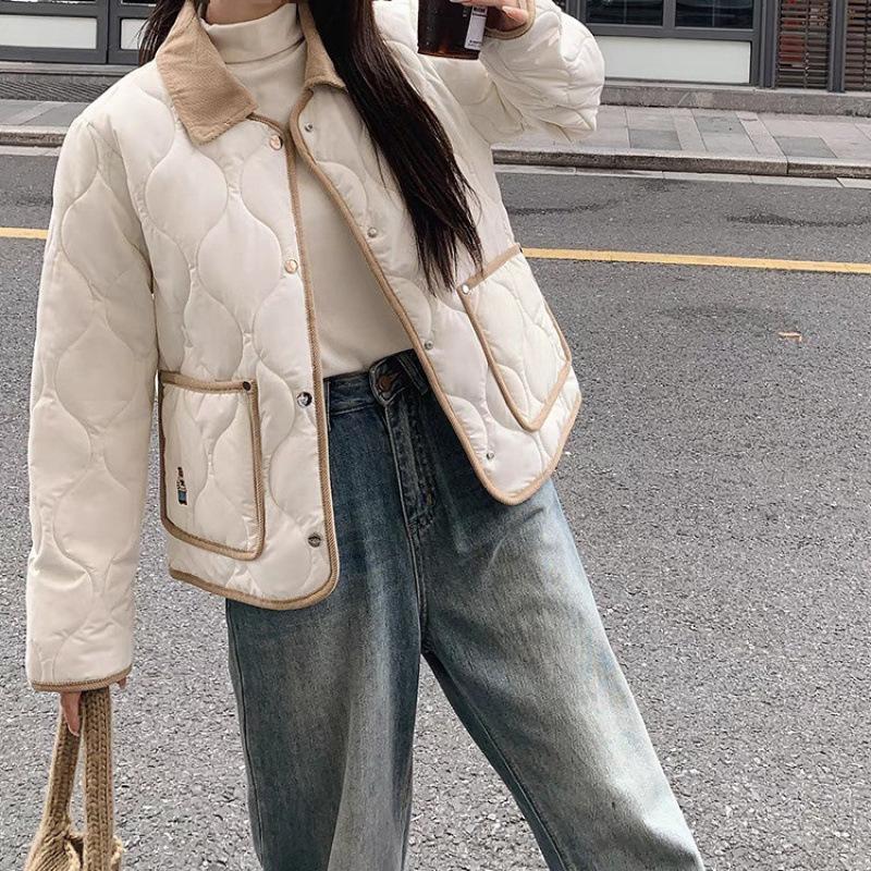 Baumwollmantel Damen Neu Winter Kontrastfarbe Kurzer Mantel Revers Brotmantel Weiß Schwarz Spandex