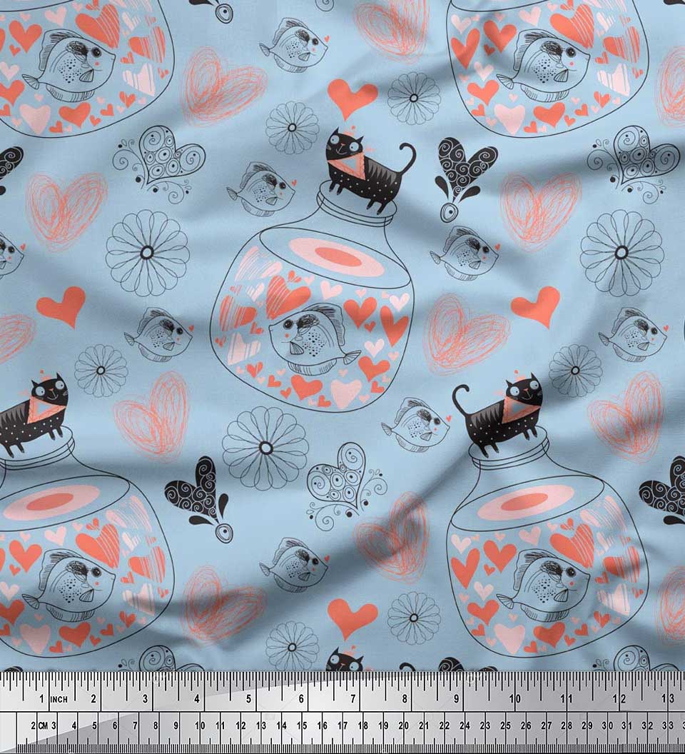 

Soimoi Japan Crepe Satin Fabric Floral, Pot & Cat Kids Printed Тканина 1 метр 42 дюйма 42 Inch Wide - Poly Crepe синій