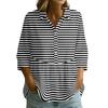 Women's Button Front Notched Collar Striped Print Three Quarter Sleeve Loose Fit Blouse Shirt