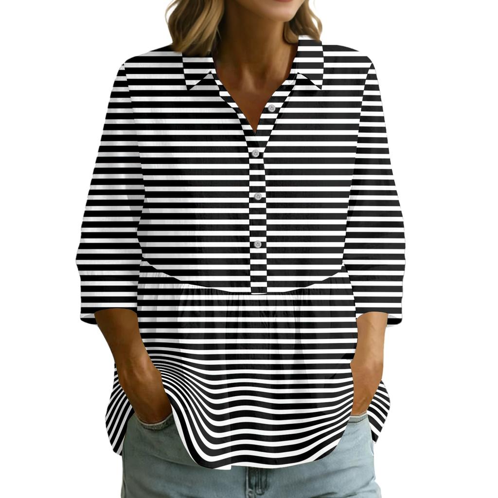 Women's Button Front Notched Collar Striped Print Three Quarter Sleeve Loose Fit Blouse Shirt