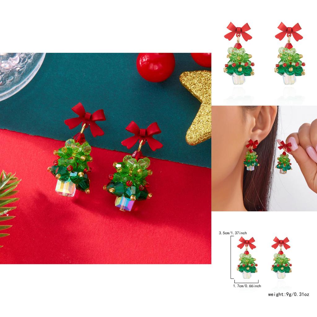 Christmas Tree Earrings Girls Alloy Red Bow Sparkling Jewelry With Holiday Style For Women
