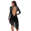 Womens Long Sleeve Skating Dress Sparkle Rhinestone Backless Irregular Hem Side Fringe Leotard Gymnastics Costume