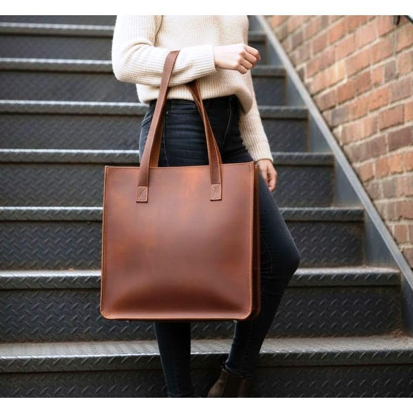 Genuine Brown Leather Women Vintage Looking Tote Shoulder Handmade Purse Bag