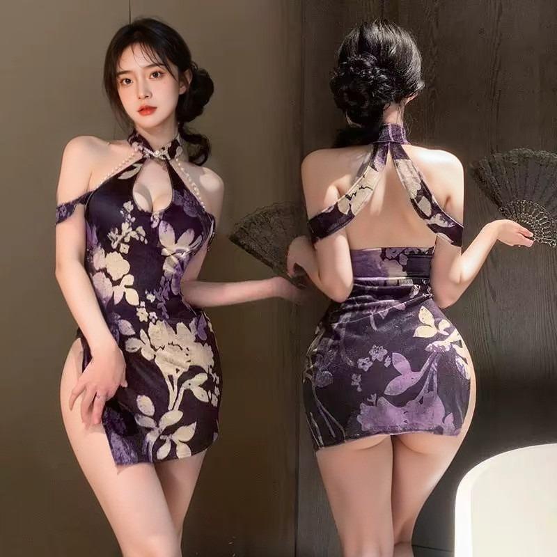 Sex underwear pure desire sexy black sleeveless cheongsam sex pajamas hollow slim slim bag sexy pajamas women