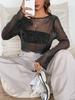 2024 Sommer Damen Pailletten Mesh Durchsichtig Langarm Rundhals Casual Top