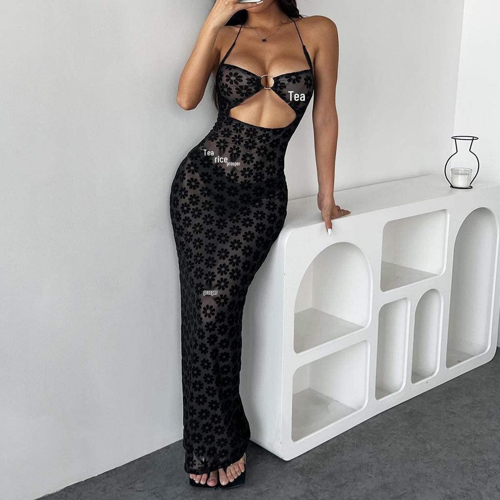 French Chic Metal Ring Halterneck Sheer Sexy Dress