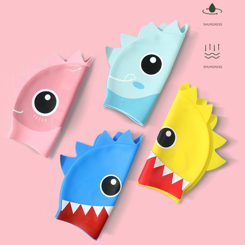 Niedliche Cartoon Fisch Dino Silikon Badekappe für Kinder Ohrenschutz Badehut für Jungen Mädchen Kinder Schwimmbadzubehör