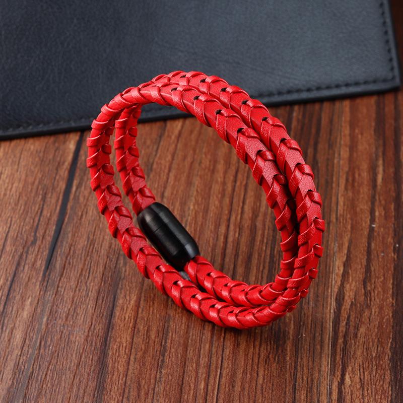Sporty Style Geometric Stainless Steel Magnetic Clasps Genuine Leather Bracelet For Men Women Hand Jewelry Birthday Gift