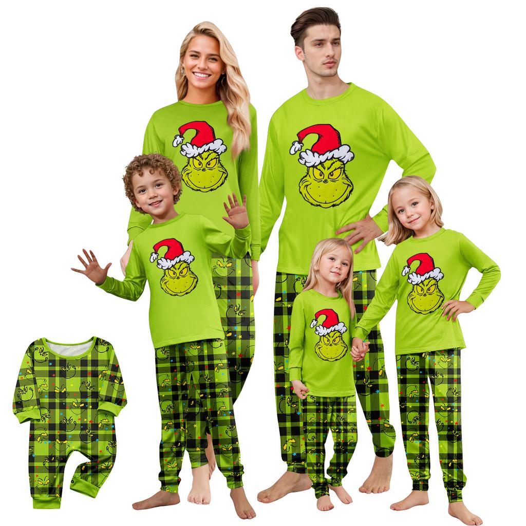 Family Matching Christmas Print Pajama Set Long Sleeve Round Neck Top and Pants Loungewear