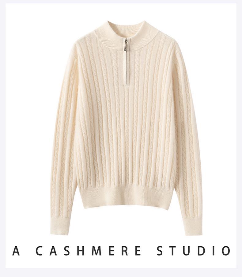 Women's 100% Cashmere Half-Zip Sweater - Casual Loose Fit, Autumn/Winter Knitwear with Stand Collar