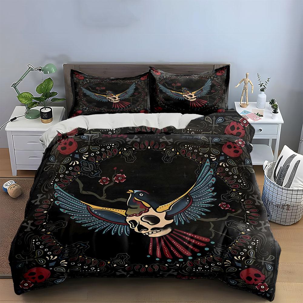 Stylish Skull Bird Decor Set Exquisite Three-Piece Bedding Set Gift For Kids And Adults