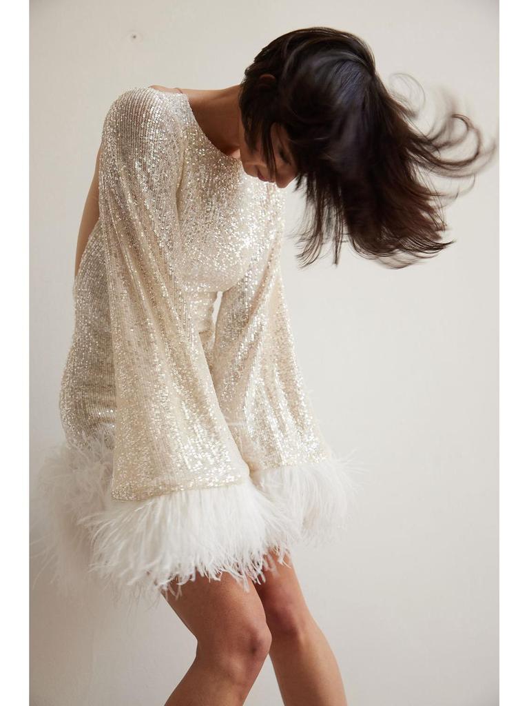 Autumn Sequin Feather Long Sleeve Backless Evening Dress - Waist-Cinching Short Skirt Design for Women