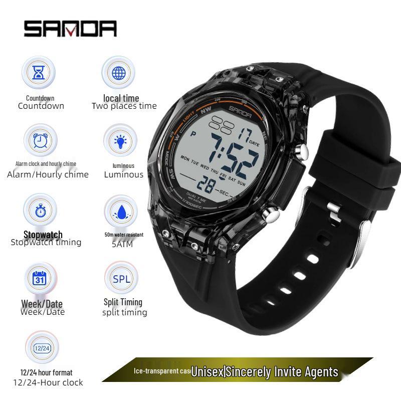Sanda Waterproof Sports Watch: Multifunctional with Countdown, Dual Time Zone, Alarm for Students