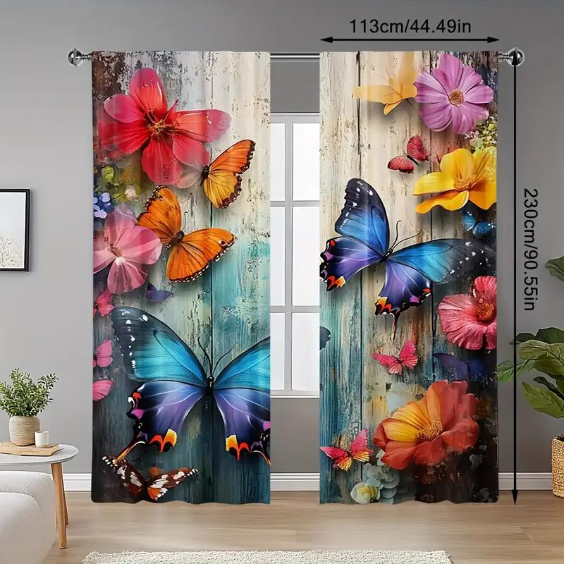 2Pcs- Vivid Butterfly And Flower Printed Curtains, Pole Bag Curtains, Bedroom And Living Room, Home Decoration, Room Decoration