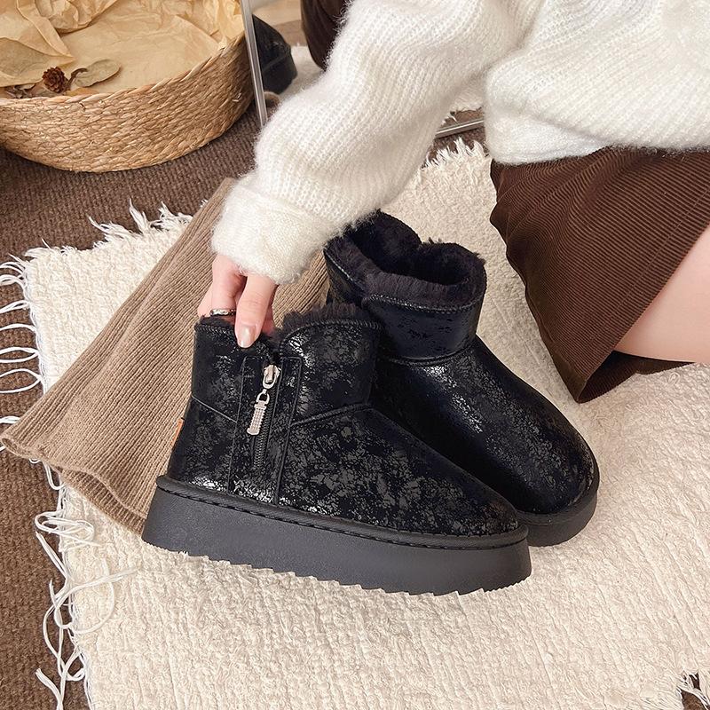 2025 Winter New Snow Boots Women's Korean Version of Round Head Retro Heightening Cotton Shoes Thick Sole Velvet Thickened Short Boots