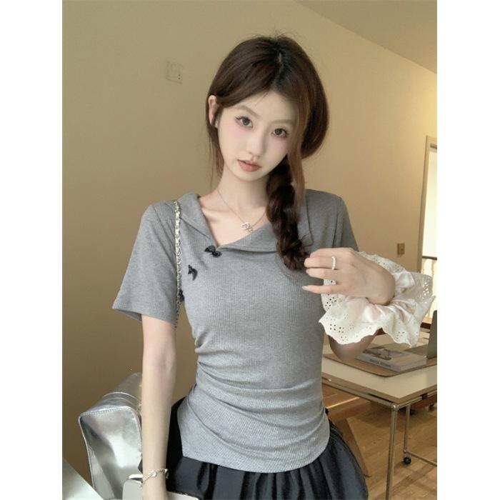 

No price reduction #French pit strip 300g short-sleeved front shoulder T-shirt for women, thin and slim, niche design, waist pinch S