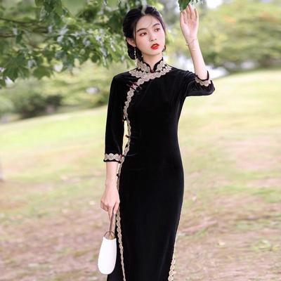 Robe Cheongsam noire en velours doré de Style chinois, rétro, portable au quotidien, à manches moyennes et longues