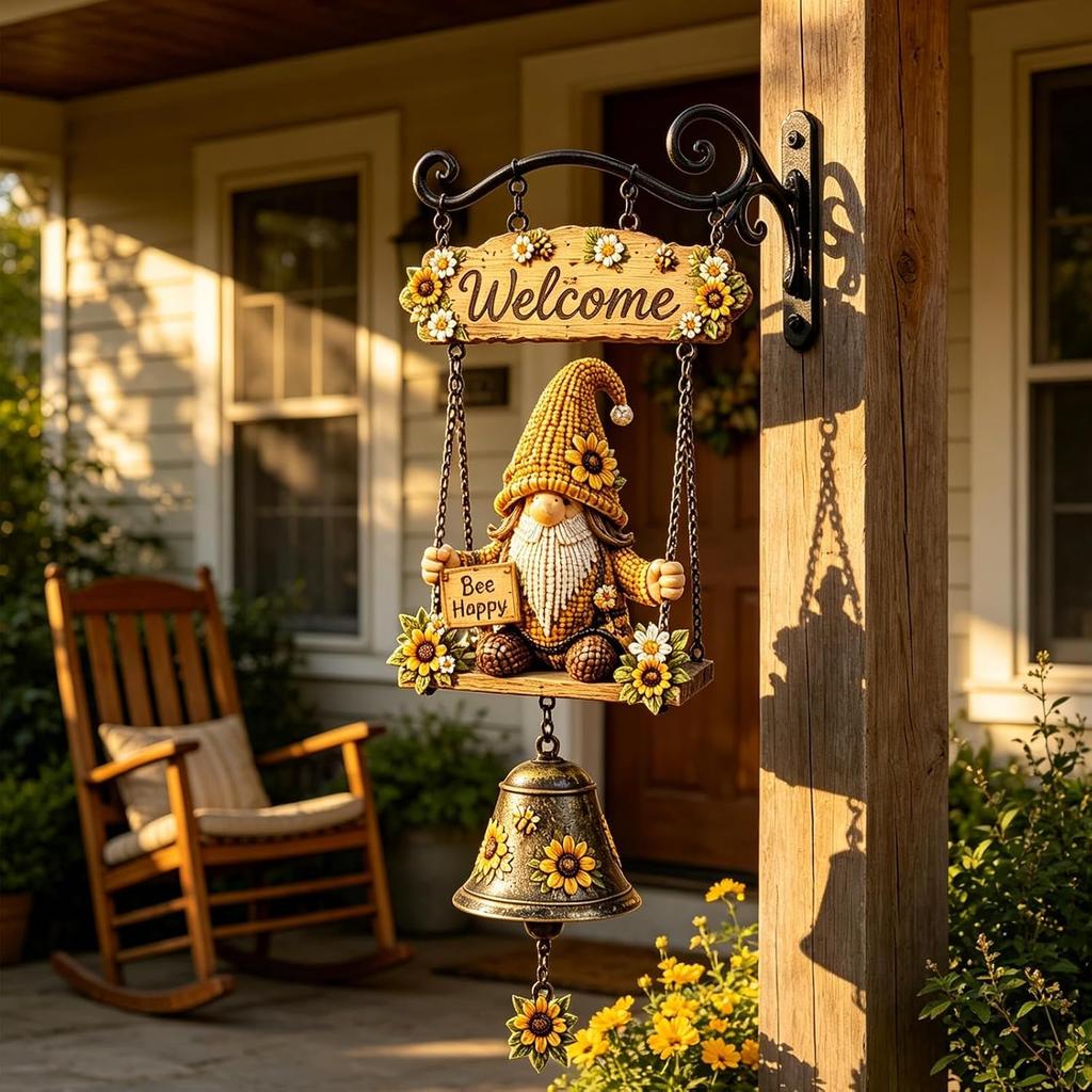 Retro Gnome Welcome Bell Ornament Multi-Purpose Rustic Hand Bell Figurines Crafts Welcome Doorbell Ornament for Entry Home Decor