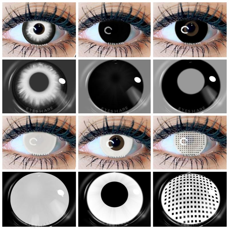 

1 пара цветных контактных линз для косплея, сумасшедшие белые контактные линзы, аниме-линзы для черных глаз, линзы для макияжа на Хэллоуин