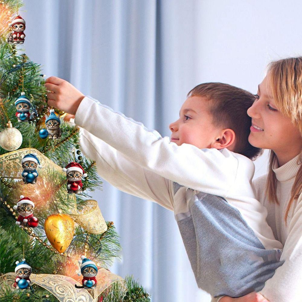 Kreslené vánoční kočičí ozdoby Dekorativní kreslená kočka Přívěsek do auta Kočičí závěsná dekorace Nový rok