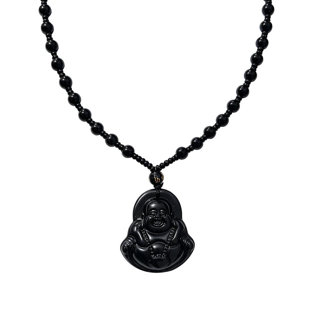Daily new style black laughing Buddha pendant with beads necklace Buddha amulet men and women couple versatile accessory sweater chain