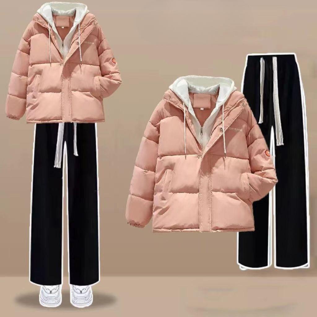 Winter Women's Cotton-padded Hooded Jacket + Thickened Wide-leg Pants Fashion Two-piece Suit