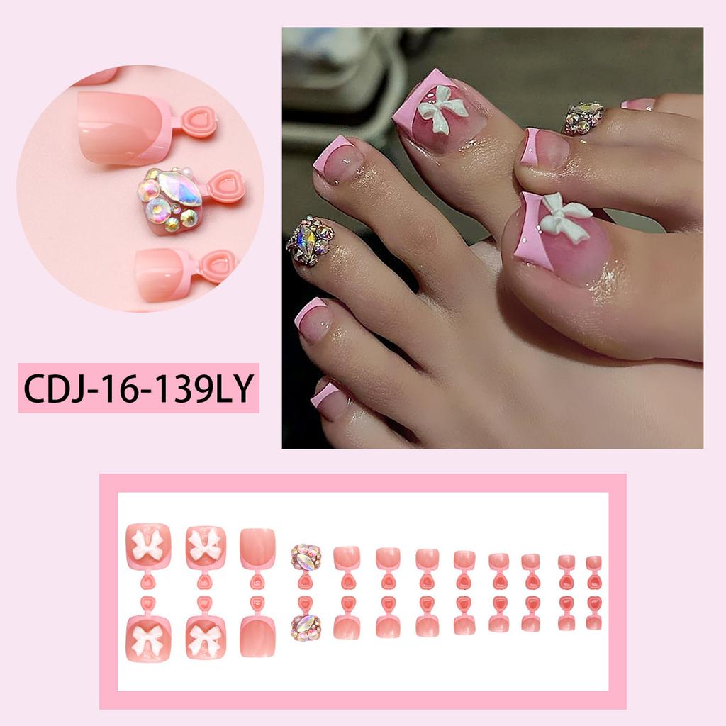 24PCS French Tip Acrylic Press On Toenails False Toe Nail with Bows and Rhinestones Short Nail Tips for Women and Girls
