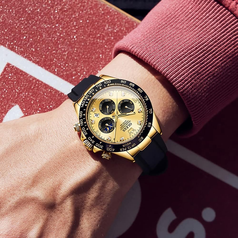OLEVS Stylish Men's Watch Business Date Waterproof Quartz Gold Analog Chronograph Silicone Strap