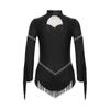 Girls Fringe Latin Dance Costume Mock Neck Long Sleeve Keyhole Back Shiny Rhinestones Tassels Leotard