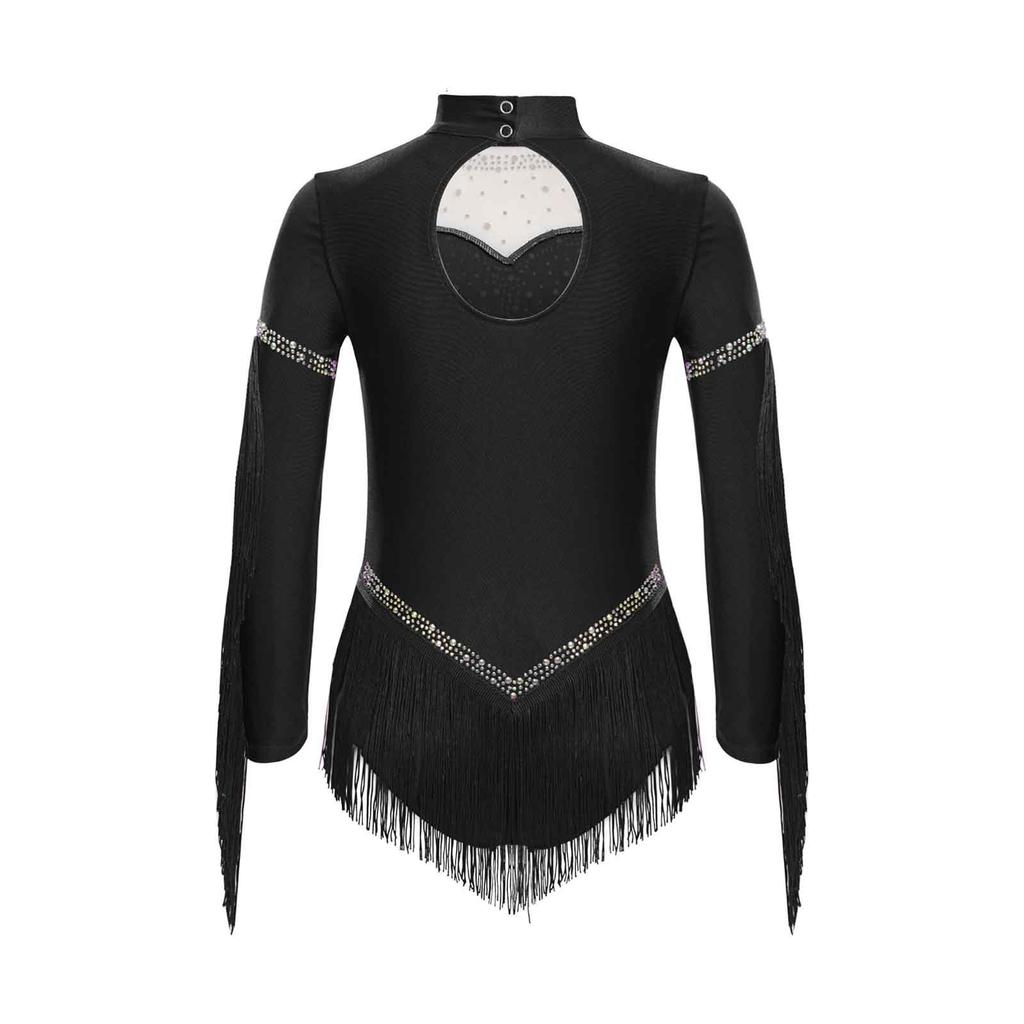 Girls Fringe Latin Dance Costume Mock Neck Long Sleeve Keyhole Back Shiny Rhinestones Tassels Leotard