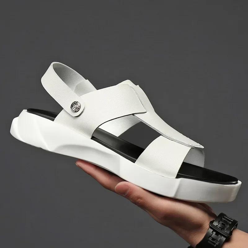 

Сандалии мужские из натуральной кожи, летние модные повседневные тапочки на полой платформе, легкие и удобные, с высоким верхом, мужские туфли 44 белый