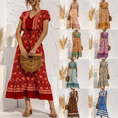 Damen Casual Fasion Sexy Print V-Ausschnitt Kurzarm Hoch taillierte elastische Taille Schnürung Big Swing Bohemian Kleid