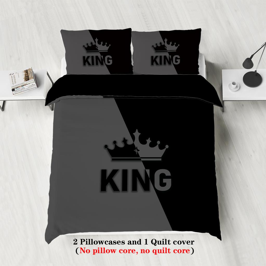 3pcs fashionable black grey KING and QUEEN design printed bedding set, soft, comfortable, breathable duvet cover, bedroom