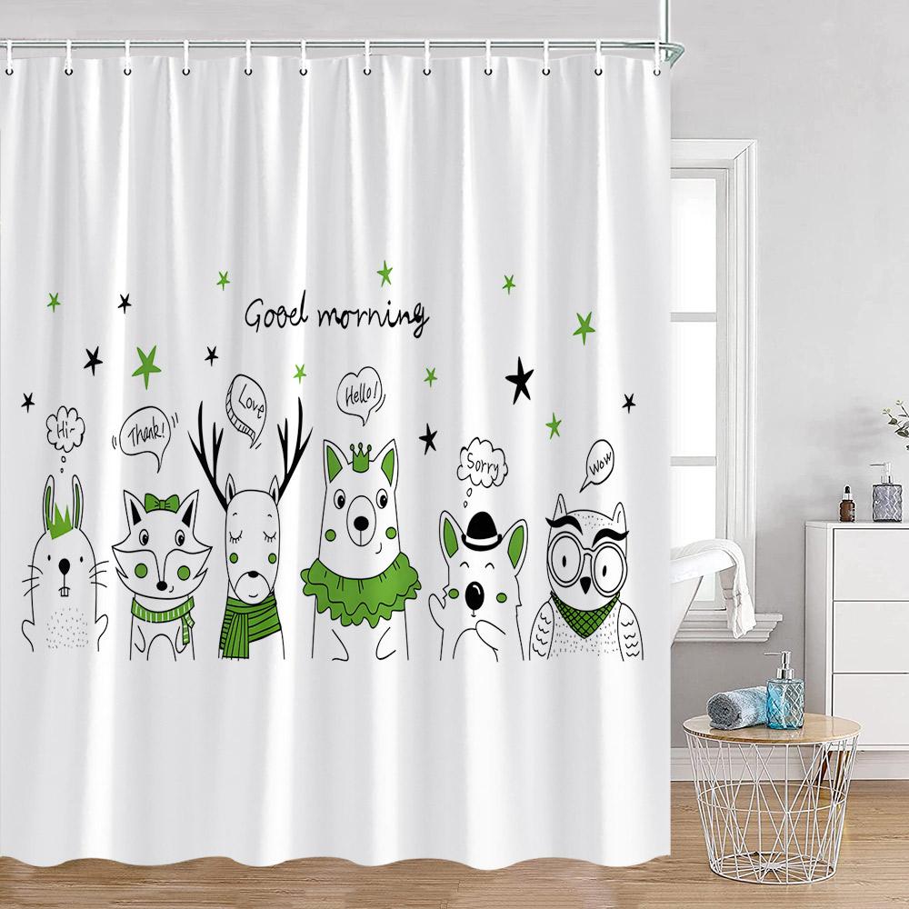 Cartoon Animals Kid Shower Curtains Hand-painted Simple Line Cute Cats Bathroom Decorations Kids Children Bath Curtains for Ho