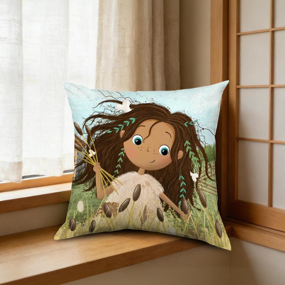 1pc Cartoon Girl Cushion Cover Multicolor Floral Print Pillowcase For Sofa Bedroom Home Decor Soft Comfortable Throw Case