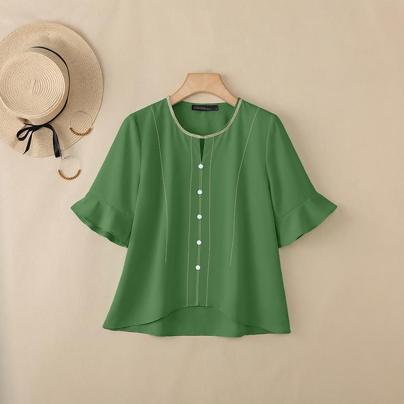 ZANZEA Women Casual Round Neck Solid Color Loose Half Sleeve Blouse