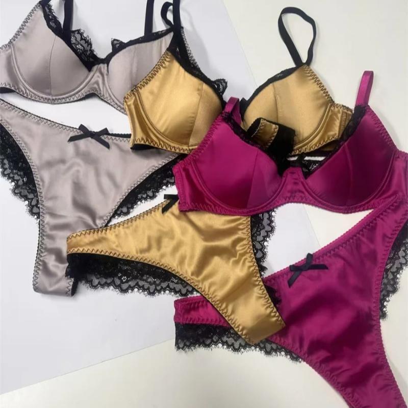 Set de lenjerie de corp pentru femeie, din țesătură de mătase franceză, braletă sexy din dantelă, cupă subțire, set de sutien push up, lenjerie romantică trandafir, pentru femei intime