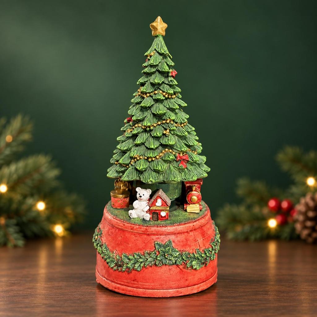 Holiday Ornament Festive Carved Conifer Tree Music Box with Decorative Base for Shelf Decoration,