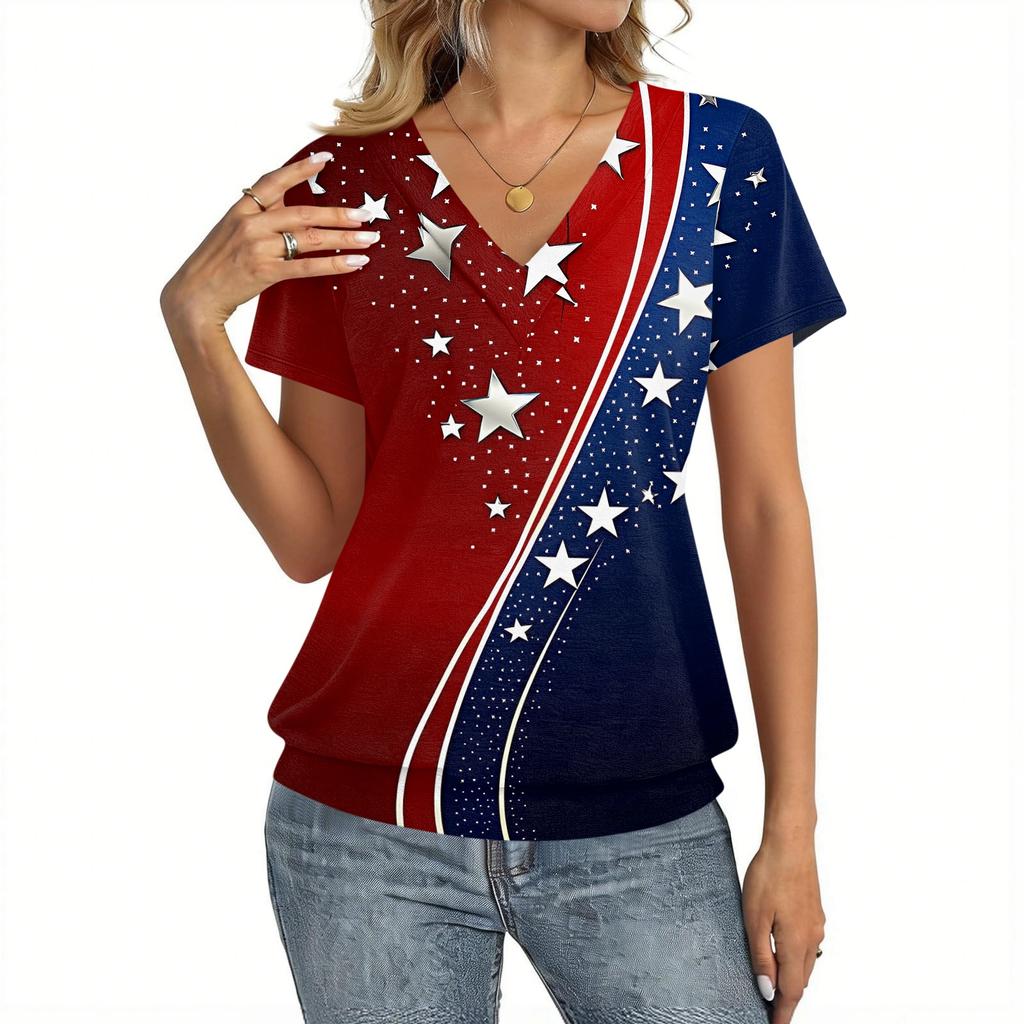 Women's Casual Short Sleeve V Neck Top American Flag Print Lightweight Summer Shirt Comfortable Fit