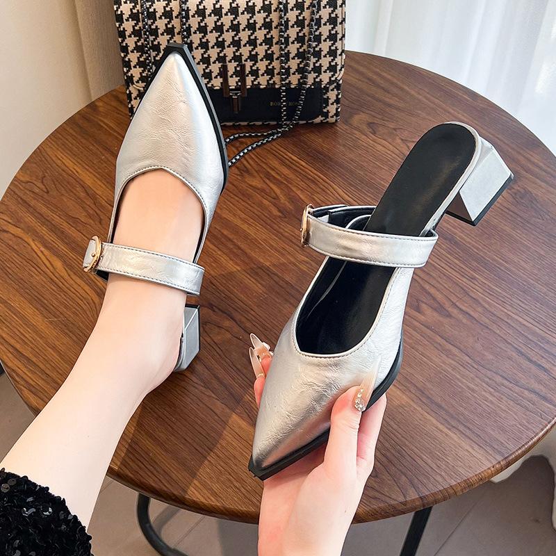 

2025 летние новые остроносые модные тапочки Мэри Джейн женские односложные тапочки на толстом каблуке женские 40 серебряный